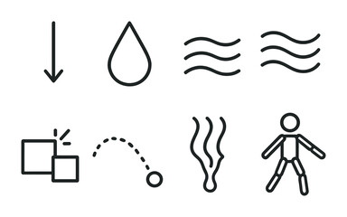 Physics Simulation Icons. Outline vector icons of realistic physics simulation: gravity arrow, water drop,