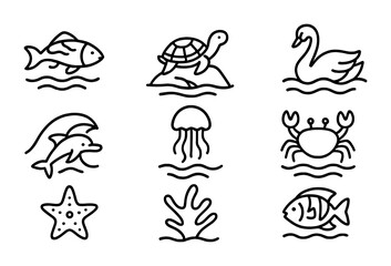 Fototapeta premium Aquatic Animal Icons. Outline vector icons of aquatic animals in tranquil waters: koi fish, turtle on rock,