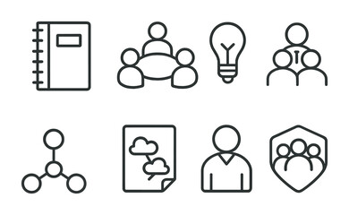 Student Research Icons. Outline vector icons of student research groups: notebook icon, study circle, idea