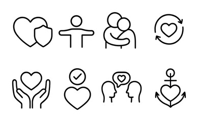 Emotional Safety Icons. Outline vector icons of emotional safety in love: shielded heart, open arms, calming