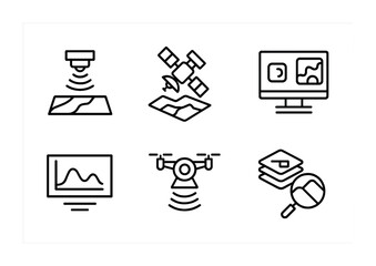 Remote Sensing Icons. Outline vector icons of remote sensing technologies: lidar pulse, satellite image,