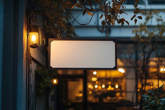Blank shop sign at night offers customizable space for business branding or promotional messaging with vintage lantern light. - Powered by Adobe