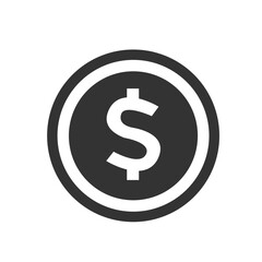 Obraz premium Flat vector illustration of a dark coin with a white dollar sign – modern minimalistic money icon perfect for finance, banking, savings, payment systems, investments, and economic design projects.