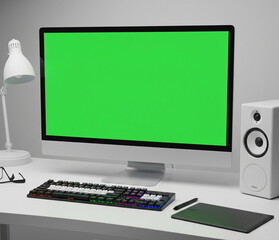 Media Workspace With Widescreen Green Screen Desktop, Color Keyboard And Pen Tablet