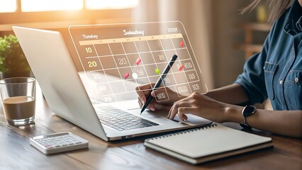 Photo of a woman is planning her schedule using a digital calendar on her laptop at a wooden desk