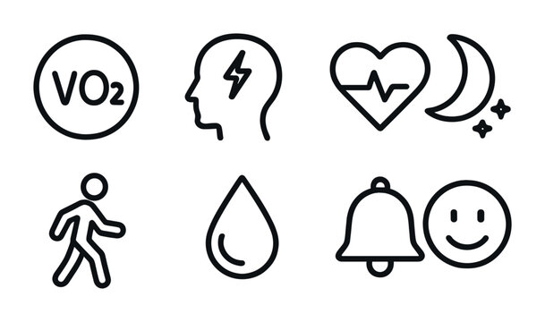 Fitness App Metrics Icons. Outline vector icons of health metrics in fitness apps: VO2 max, stress index,