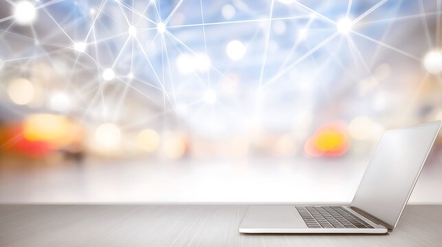 Laptop computer on a light-colored surface with a network graphic background. - Powered by Adobe