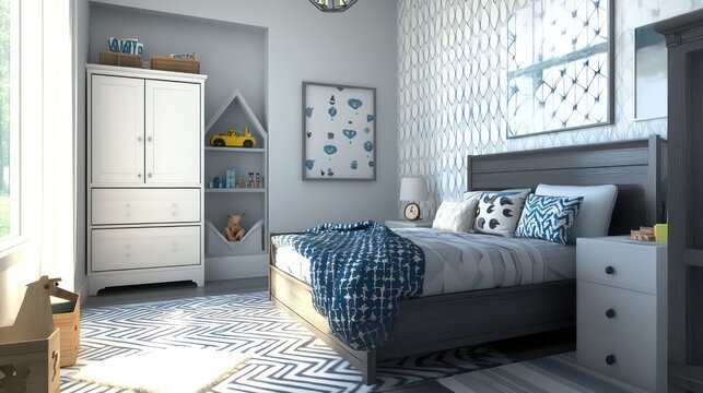 Modern farmhouse kids bedroom with cool tones, geometric patterns, and dark wood furniture