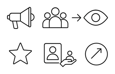 Influence Expansion Icons. Outline vector icons of expanding your influence: megaphone icon, audience group,