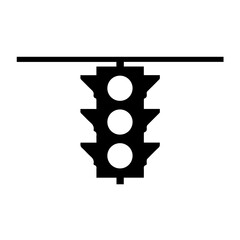 Traffic signal icon, a black and white traffic signal symbol hung on wire. Traffic signal guidance to assist transportation and symbolize future. Simple traffic signal is for navigation and signs.