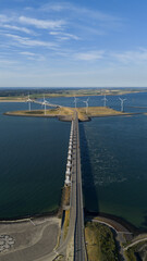 Delta Works, Neeltje Jans, flood barrier in Zeeland, The Netherlands. Dutch infrastructure. Aerial...