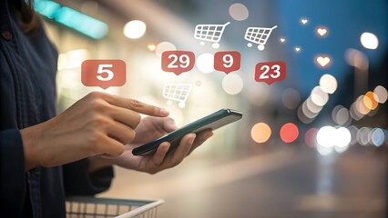 Photo of a woman is using her smartphone to shop online, with shopping cart icons and notification numbers floating above the screen