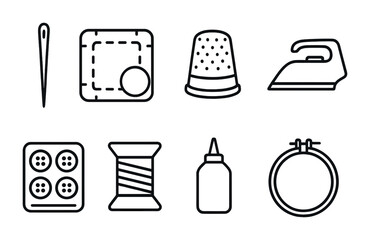 Clothing Repair Tools Icons. Outline vector icons of clothing repair tools: darning needle, patch kit, thimble
