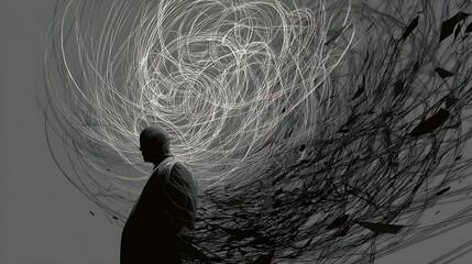 Silhouette of a person with swirling lines and dark fragments above their head area