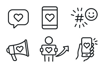Social Media Positivity Icons. Outline vector icons of social media positivity: comment love, post heart,
