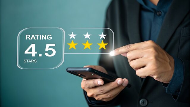 Photo of a person is using a smartphone to rate a service with 45 stars