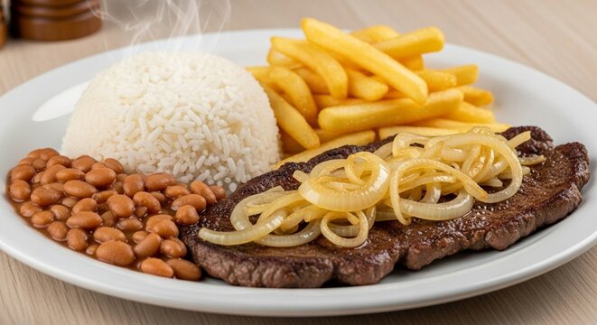 Prato com arroz, feij&atilde;o, bife acebolado e batatas fritas servido de forma caseira e apetitoso. Plate of white rice, beans, steak with onions, and golden fries, served homemade-style. Perfect image for