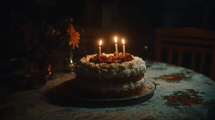 A two tiered cake topped with cherries and lit candles sits on a floral tablecloth at night