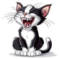 Cartoon playful black and white cat with open mouth