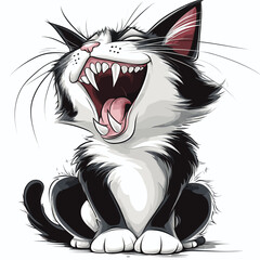 Cartoon playful black and white cat with open mouth