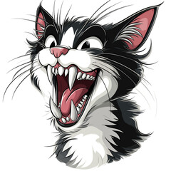 Cartoon playful black and white cat with open mouth