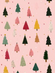 Cute christmas trees on pink background