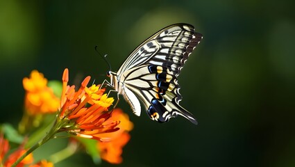Close up of a beautiful swallowtail butterfly on orange flowers in a garden setting