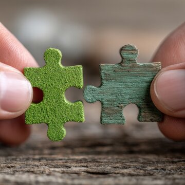Two puzzle pieces are held together by a person's hand. The puzzle pieces are green and brown, and they seem to be made of wood. Concept of connection and unity
