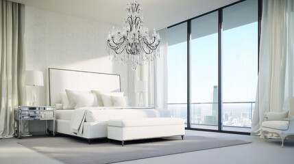 Luxurious all-white bedroom with a crystal chandelier, mirrored nightstands, and floor-to-ceiling windows offering a city view.
