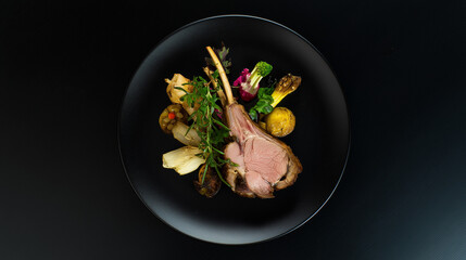 Gourmet dish of herb-crusted lamb chops plated with colorful vegetables on a matte black plate over a dark background.