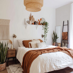 Modern boho-style bedroom with earthy tones, houseplants, and a woven pendant lamp for a cozy natural aesthetic.
