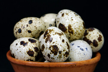 Obraz premium Quail eggs on black background, close-up shot