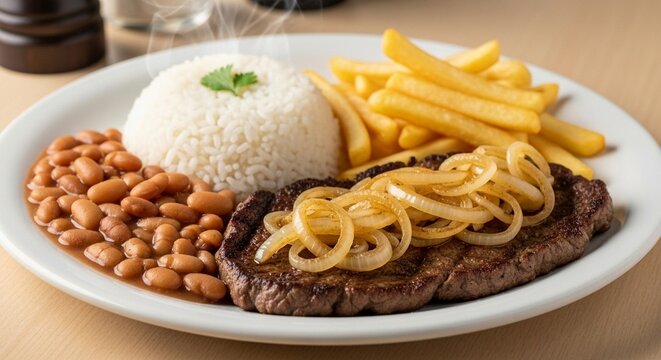 Prato com arroz, feij&atilde;o, bife acebolado e batatas fritas servido de forma caseira e apetitoso. Plate of white rice, beans, steak with onions, and golden fries, served homemade-style. Perfect image for