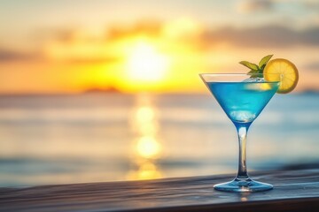 Striking blue Lagoon cocktail with lemon and mint sits on wooden surface set against blurred tropical sunset over the ocean. Ideal for vacation and luxury themes