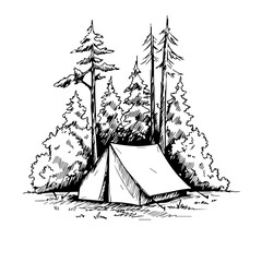 Camping sketch with forest trees and a tent on white conveys a sense of adventure. Camping sketch features tall pine trees, dense shrubs, and canvas tent in detailed monochrome,