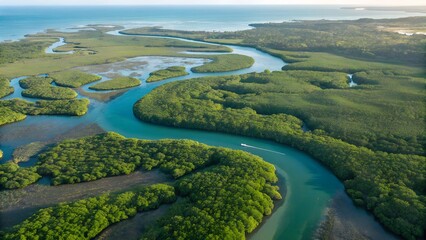 Aerial view of a winding river through lush green mangrove forests towards the ocean