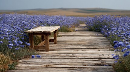 A wooden bench sits on a path in a field of blue flowers. The bench is empty and the flowers are in full bloom, creating a peaceful and serene atmosphere