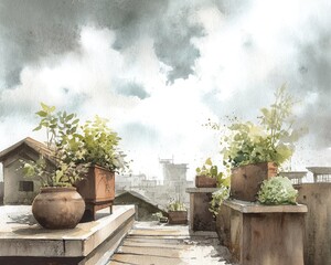 Watercolor rooftop garden scene with potted plants and city backdrop