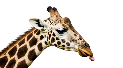 Obraz premium Magnificent Giraffe Portrait A Stunning Close-Up of an African Giraffe's Head and Neck, showcasing its unique pattern and expressive eyes against a clean white background.