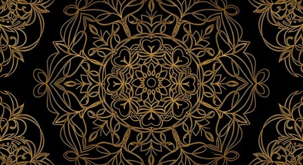 An elegant and intricate gold floral and geometric pattern on a black background, featuring symmetrical, detailed motifs in a luxurious and ornate minimalist style.