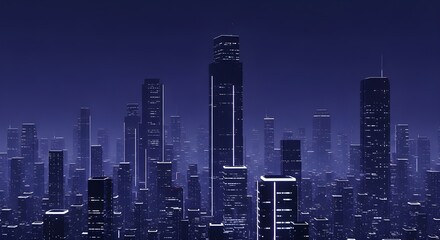Fototapeta premium A futuristic cityscape at night featuring glowing skyscrapers, neon lighting in blue and purple hues, atmospheric haze, and a cyberpunk-inspired high-tech skyline with urban depth.