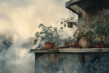 Watercolor rooftop garden scene with potted plants and misty atmosphere