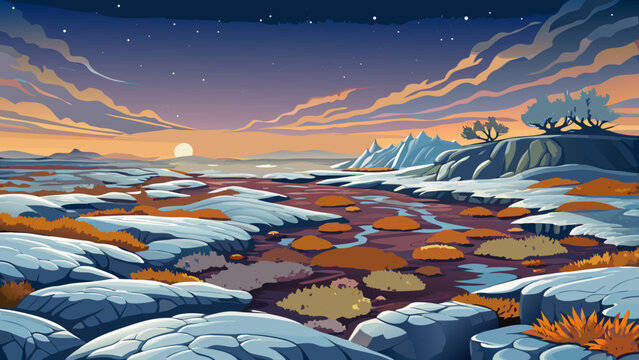 Labrador Tundra, Newfoundland &ndash; Barren landscapes carpeted with lichens stretch beneath a vast northern sky in quiet winter solitude.
