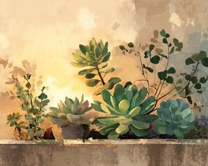 Watercolor succulents on a sunlit ledge.