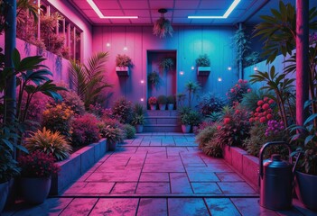 Vibrant garden filled with colorful flowers and gardening tools