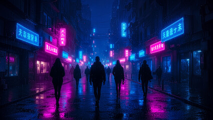 Naklejka premium Night Cityscape Digital Painting: Glowing Blue, Purple, Pink Neon & Mysterious People Movement - Futuristic Art