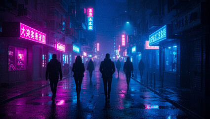 Dramatic Futuristic City Street: Dark Silhouettes, Vibrant Neon Lights & High-Contrast Digital Art - Atmospheric Painting