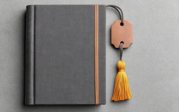 Grey book with bookmark on grey surface