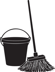 Mop and Bucket Silhouette Vector Illustration on Transparent Background