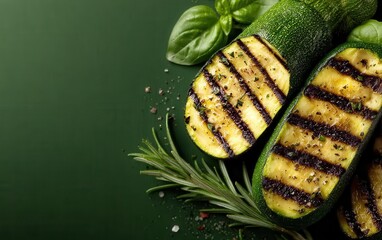Grilled zucchini on dark green surface